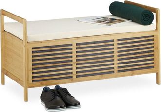 Relaxdays Relaxdays - Bamboo Storage Bench Size l: 46 x 93 x 50 cm, Ottoman Seat, w/ Padding, Footstool & Storage Box w/ Lid and Handles, Natural Brown