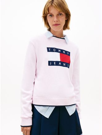 Tommy Hilfiger Womens Tommy Jeans Flag Logo Tipped Sweater - Pink - XL