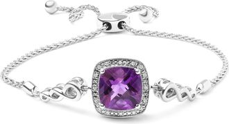 House of Brilliance 925 Sterling Silver 10mm Cushion Cut Amethyst Gemstone and Diamond Accent Lariat 4-10 Adjustable Bolo Bracelet
