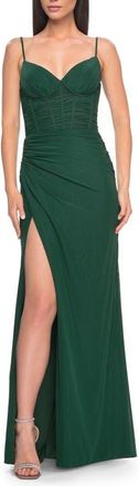 La Femme Net Jersey Fitted Dress with Ruched Bustier Top in Dark Emerald at Nordstrom, Size 12