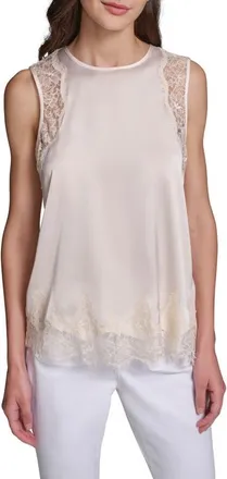 Karl Lagerfeld Eyelash Lace Trim Satin Tank in Bisque at Nordstrom, Size X-Small