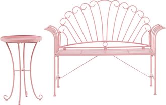 Beliani Conjunto Para Exterior De Mesa Auxiliar Y Banco Con Apoyabrazos Acampanados 2 Plazas De Metal Rosa Estilo Vintage Cavinia