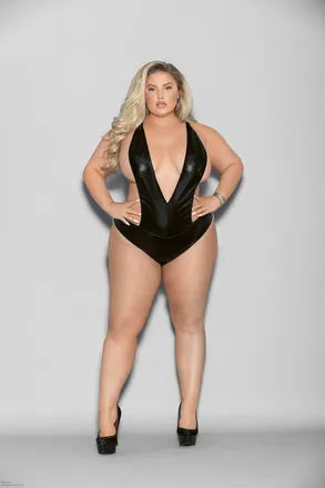 Escante Liquid Look Chain Back Open Crotch Teddy - Queen Size - Black