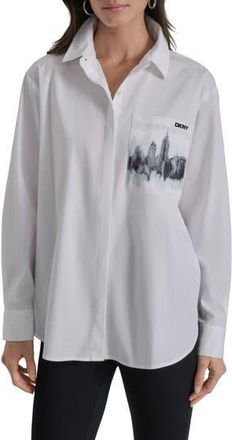 DKNY Skyline Pocket Oversize Long Sleeve Button-Up Shirt in White at Nordstrom Rack, Size Small