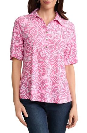 Jones New York Roll Tab Cuff Polo in Dutch Pink/Natural White at Nordstrom, Size X-Small