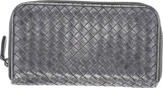 Bottega Veneta Pre-owned Womens Intreciatto Zipped Wallet in Metallic Silver Leather - One Size