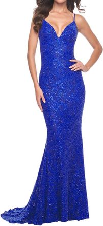 La Femme Remarkable Beaded Lace Mermaid Prom Dress In Royal Blue
