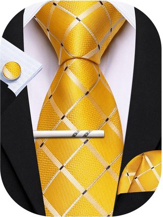 Barry.Wang Yellow Tie with Tie Clip for Men Plaid Silk Necktie Pocket Square Cufflinks Set Formal Business Wedding Party