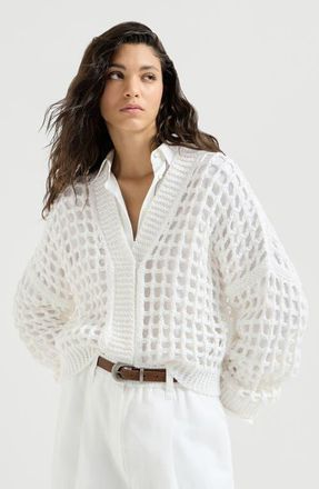 Brunello Cucinelli Jute and cotton net cardigan in White at Nordstrom, Size 3X-Large Eu