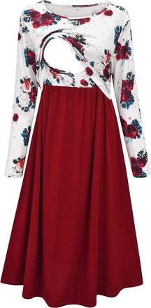 Generic Moms Breastfeeding Nightdress Long Sleeve Patchwork Maternity Nursing Dresses with Pockets Soft Round Neck Floral Printing Pajama Loungewear Tops Dres