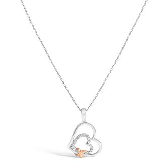 House of Brilliance 925 Sterling Silver Double Heart Pendant Necklace with Diamond and 10K Rose Gold Accent