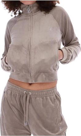Juicy Couture Outline Diamant&eacute; Velour Zip-Through Hoodie - Dames - Vesten met rits - Bruin - S - Polyester - Hoodies & sweatvesten