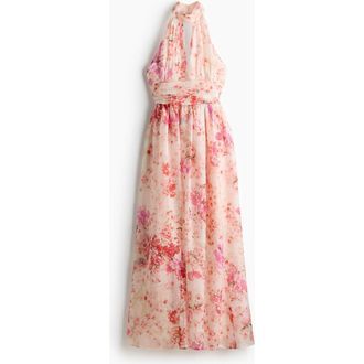 H&M Tie-detail Halterneck Dress in Light Pink/floral at Nordstrom, Size Xx-Large