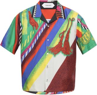 Versace Zijden Shirt Met Formula 6 Print - Heren - Korte mouwen Overhemden - Veelkleurig - 4XL - Overhemden
