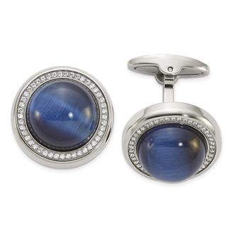 Diamond2Deal Stainless Steel Polished Cubic Zirconia and Black Blue Onyx Circle Cufflinks