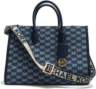 Michael Kors blue Navy Canvas Leather Shoulder Bag Tote Bag (Pre-Owned)
