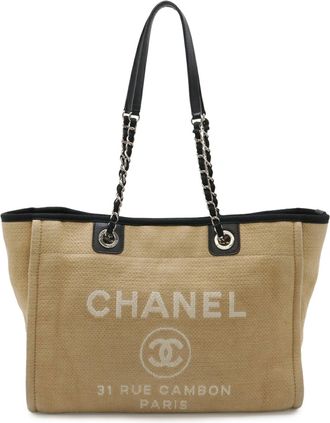 Chanel Beige Black Canvas Shoulder Bag Tote Bag (Pre-Owned)