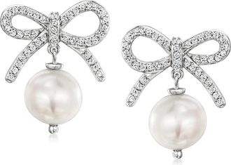 Ross-Simons 9-9.5mm Cultured Pearl and. White Topaz Bow Drop Earrings in Sterling Silver