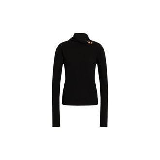 Alberta Ferretti Wool- silk and cashmere turtleneck Jumper with floral brooch - female - Alberta Ferretti - Turtlenecks - Black - 2XL - Knitwear