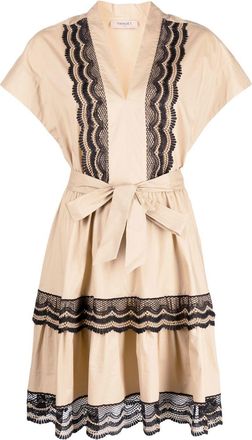 Twin-Set lace detail dress - women - Cotton/Polyester/Spandex/Elastane - 48 - Neutrals