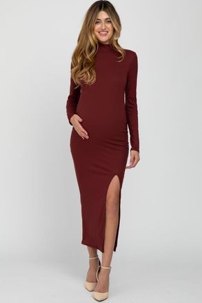 Pinkblush Ribbed Mock Neck Side Slit Maxi Dress in Burgundy at Nordstrom, Size Medium