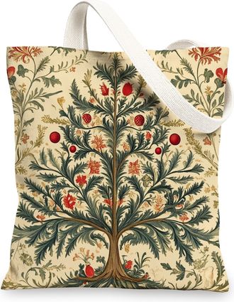 Generic Vintage Christmas Tree Canvas Tote Bag for Shopping 13x15, Victoria Aesthetic Retro Xmas Reusable Grocery Print Bag for Women Men, New Year Aesthetic 