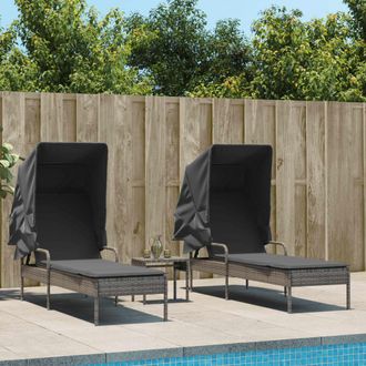 vidaXL Tumbonas Con Capota Y Mesa 2 Uds Rat&aacute;n Sint&eacute;tico Gris Vidaxl