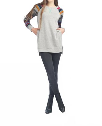 Papillon Step Hem Tunic With Multi Striped Sleeves In Grey