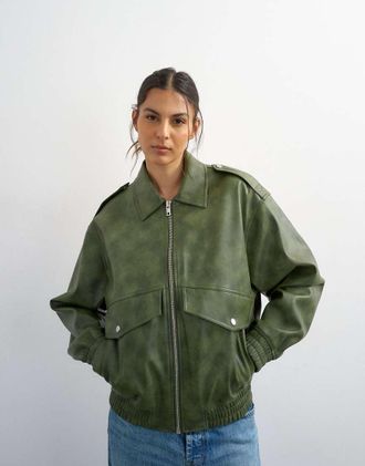 Topshop Giacca bomber corta in pelle sintetica color verde slavato con tasche applicate