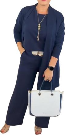 Generic Elegant Longline Cardigan & Top & Pants 3-Pieces Set, Solid Formal Wide Leg Pant Travel Outfits for Women (Blue,3XL)