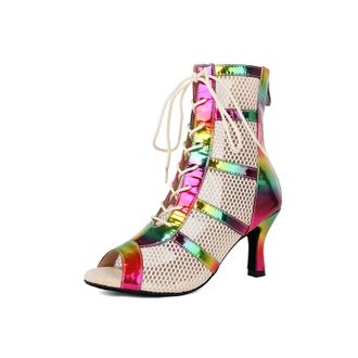 Miyoopark Dance Practice Shoes for Women Mesh Ballroom Sandals Party Prom Ankle Booties L446 Multicolor Synthetic 7.5cm Heel UK 3.5
