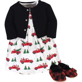 Hudson Baby Cotton Dress, Cardigan and Shoe Set in Christmas Tree at Nordstrom, Size 9-12M