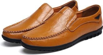 Generic Mens Loafers Genuine Leather Stitching Details Breathable Comfortable Resistant Flat Heel Fashion Wedding Slip On(Yellowish Brown,10.5 UK)