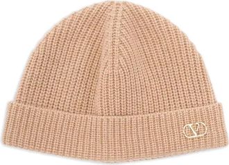 Valentino Garavani VLogo Signature Gebreide Beanie - Heren - Hoeden - Beige - ONE Size - Kasjmier - Accessoires