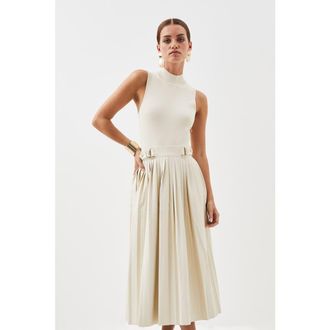 Karen Millen Pu Detailing Sleeveless Midi Dress in Cream at Nordstrom, Size X-Small P