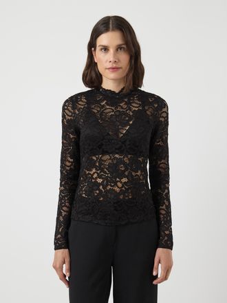 Y.A.S Langarmshirt Y.A.S YASLACEY LS LACE TOP S. NOOS, Damen, Gr. XS, schwarz, Jersey, Obermaterial: 95% Nylon, 5% Elasthan, unifarben, slim fit normal, hoc