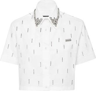 Philipp Plein Poplin Cropped Shirt SS Strass - Dames - Overhemden - Wit - M - Katoen - Overhemden