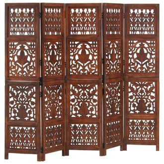 vidaXL Biombo 5 Paneles Tallado A Mano Madera Mango Marr&oacute;n 200x165 Cm Vidaxl