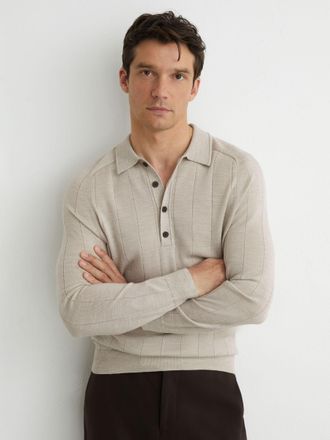 Reiss Stone Mouline Merino Wool Wide-rib Polo Jumper, Xxl