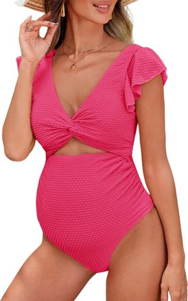 Feoya Maternity Swimsuits One Piece V-Neck Pregnancy Swimwear Summer Comfortable Breathable Pregnant Bikini M Pink