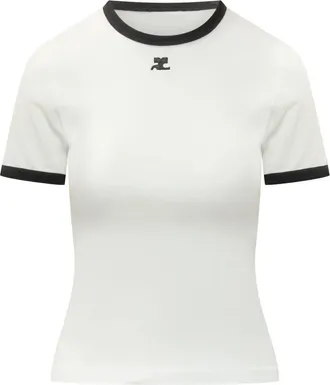 Courr&egrave;ges Signature Contrast T-Shirt - Dames - T-shirts - Wit - L - Katoen - Tops