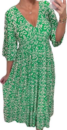 Generic Womens Bohemian Casual Print V-Neck Waist wrap Wrap 3/4 Sleeve Midi Plus Summer Floral Dress (Green,XXL)