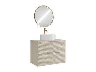Vente-Unique Mueble de ba&ntilde;o suspendido con lavabo redondo sobre encimera, grifo y espejo - Beige - 80 cm - DORIONI