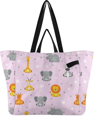 Generic Animals Stars Pink print Reusable Canvas Tote Bag, Heavy Duty Grocery Shopping Bag with Large Capacity Double Handles Hard Bottom Work Groceries Trave