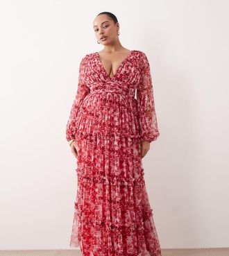 Lace & Beads Plus Vestito lungo a maniche lunghe in tulle a balze rosa e rosso a fiori-Verde