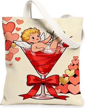 Generic ValentineS Day Hearts Canvas Tote Bags, Cute Love God Print Reusable Grocery Bags, Lightweight Washable Shoulder Strap Can, Cream, 13x15 Inch