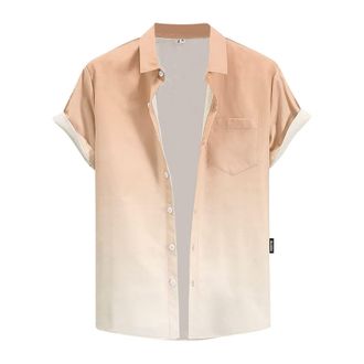 Generic Casual Mens Loose Lapel Print Color Short Cuff Button Shirt Beach Summer Top Button Down Dress (Khaki, XXL)