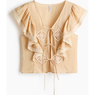 H&M Lace-trimmed Flounced Blouse in Light Beige at Nordstrom, Size X-Small