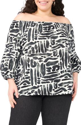 Vince Camuto Off the Shoulder Puff Sleeve Top in Rich Black Multi at Nordstrom Rack, Size 1X