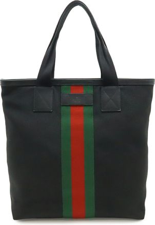 Gucci Sherry Line Black Green Red Color Nylon Canvas Leather Shoulder Bag Tote Bag (Pre-Owned)